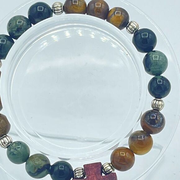 Crystal beaded stretch bracelet ONE NEW yellow tiger eye kambaba jasper cross re - Picture 3 of 8
